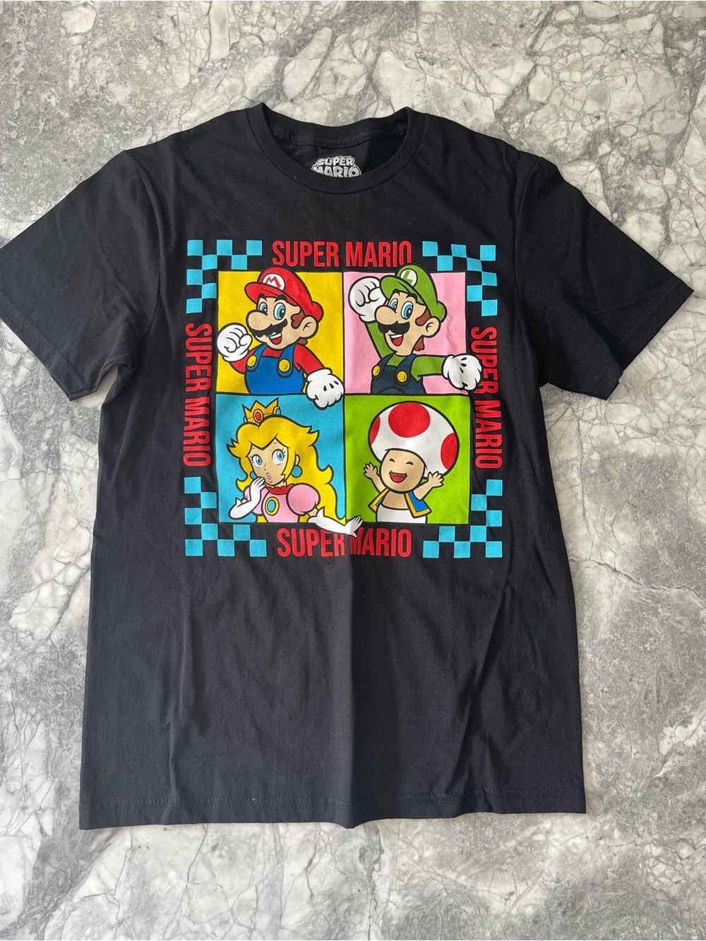 New! Super Mario Character Grid Tee - Black with Bright Graphic S